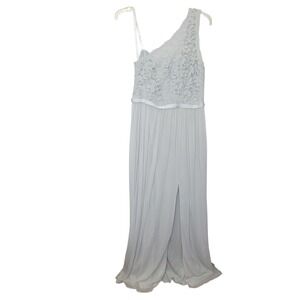 David's Bridal One Shoulder Gown Womens 10 Blue Grey Lace Chiffon Maxi Formal